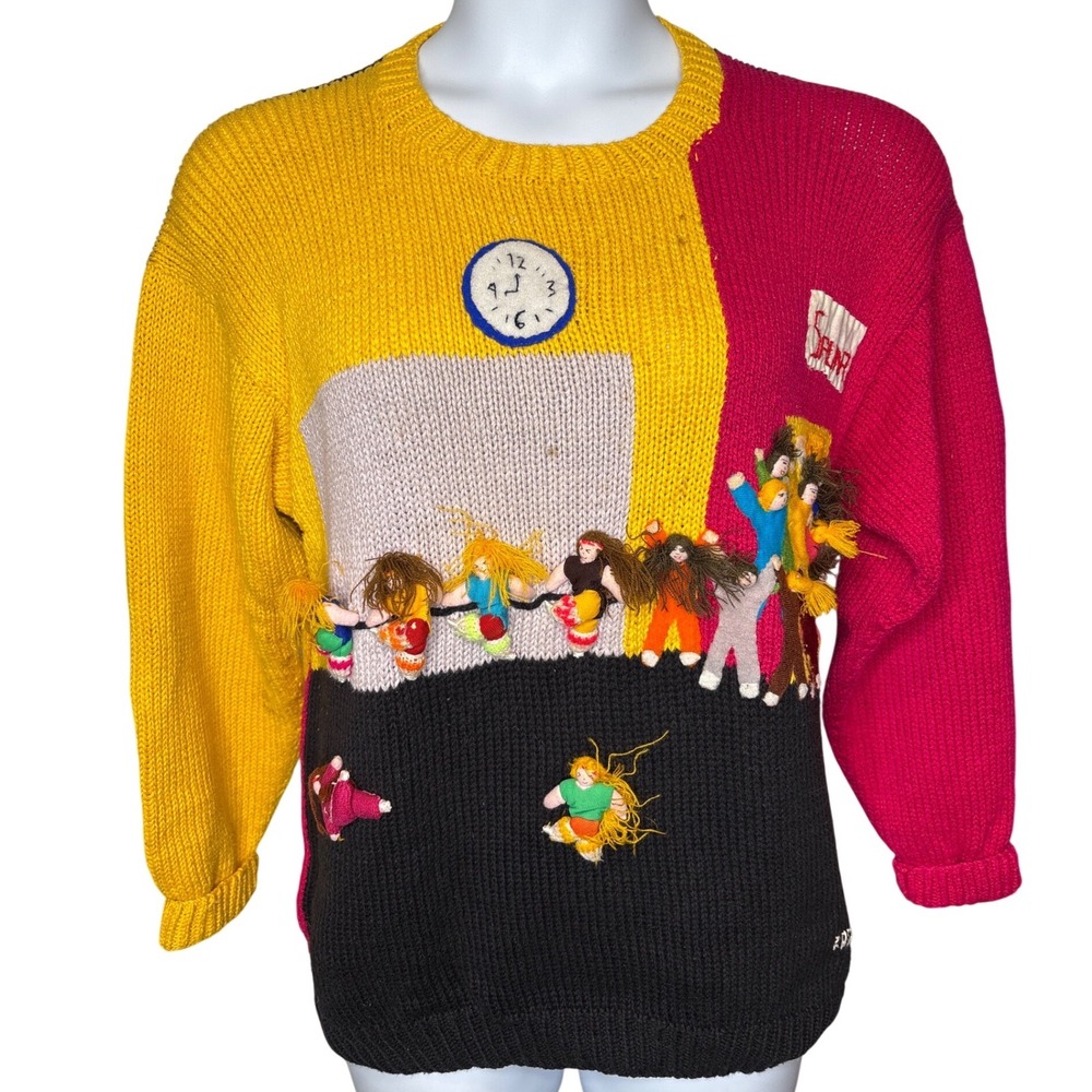 VTG 80s Raquel's Collection Womens Multicolor Worry Doll Sweater Sz L Handmade